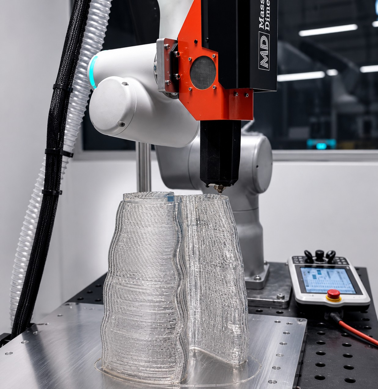 Robotic arm depositing material to build a layered freeform object